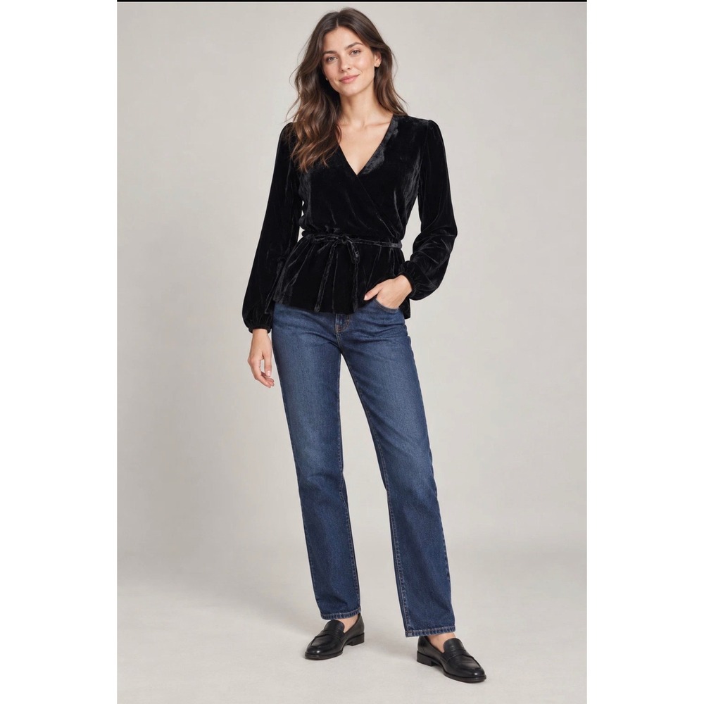 J.Crew Black Crushed Velvet Wrap Top Long Sleeve V-Neck Tie Waist Womens 4 Small